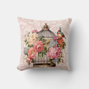 Romantischer Vintage-Wasserfarbe-Blumen-Vogelkäfig Kissen
