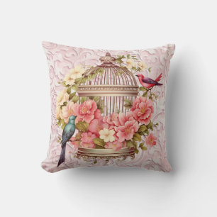 Romantischer Vintage-Wasserfarben-Blumen-Vogelkäfi Kissen
