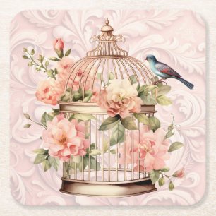 Romantischer Vintage-Wasserfarben-Blumen-Vogelkäfi Rechteckiger Pappuntersetzer