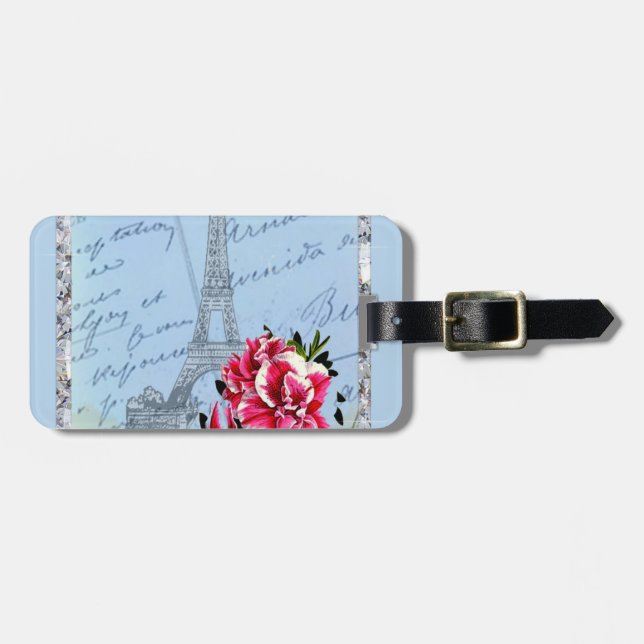 Romantischer Vintager Eiffel Turm u. Rose Paris Gepäckanhänger (Vorderseite horizontal)