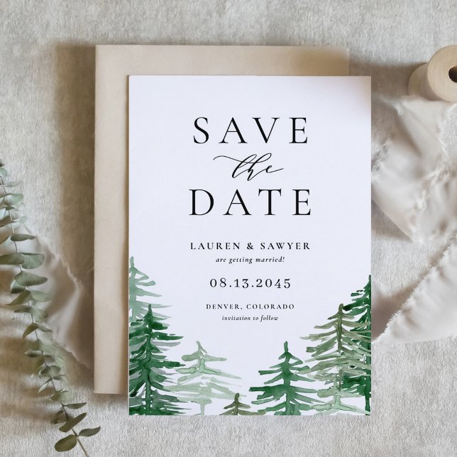 Romantischer Wald mit Wasserfarbe Save The Date (Customizable woodland save the date announcement featuring watercolor forest scenery)