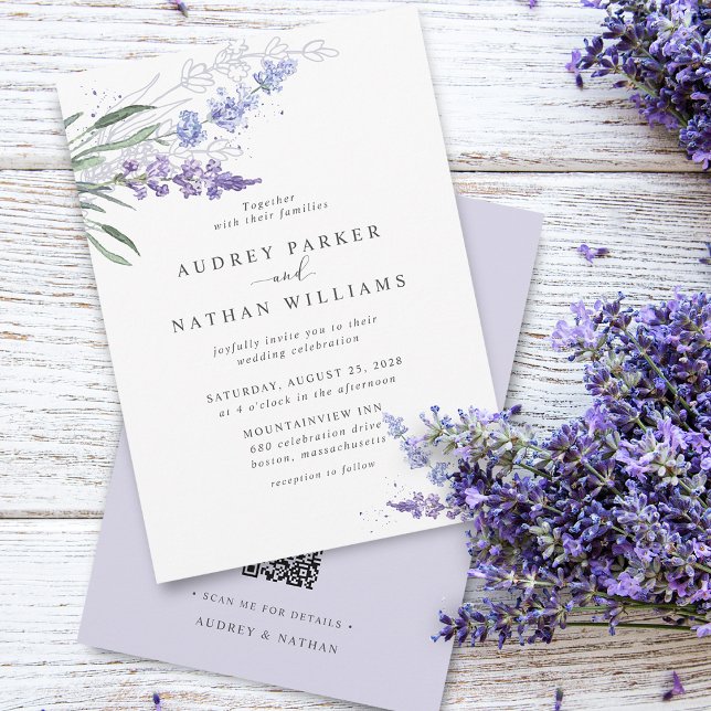 Romantischer Wasserfarben-Lavendel-QR-Code-Hochzei Einladung (Romantic Watercolor Lavender QR Code Wedding Invitation)