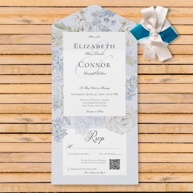 Romantischer Weichblauer & Weißer Garten - QR-Code All In One Einladung (Romantic Soft Blue & White Garden Floral QR Code All In One Invitation)