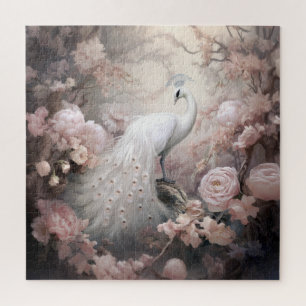 Romantischer weißer Pfau und rosafarbene Blumen Puzzle
