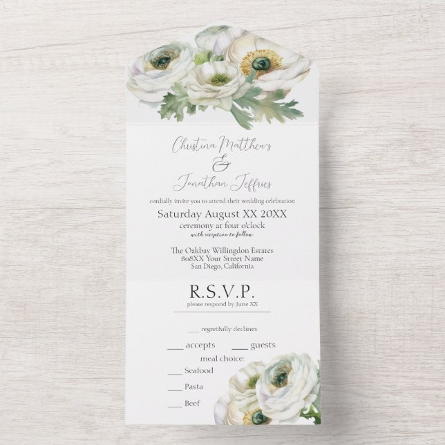 Romantischer Weißer Ranunculus All In One Einladung (Innen Boden)