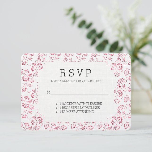 Romantischer Weißrosa Glitzer Bloral Wedding RSVP (Stehend Vorderseite)