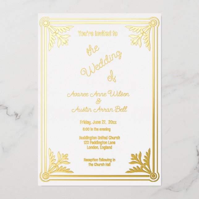 Romantischer White and Gold Foil Rahmen Folieneinladung (Vorderseite)