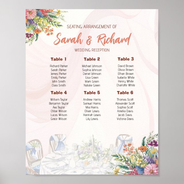 Romantischer Wildblumen-Hochzeits-Sitzplan Poster (Vorne)