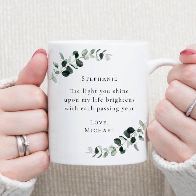 Romantischer Zitat Eukalyptus Personalisiert Kaffeetasse (The Light You Shine Romantic Quote Emerald and Sage Green Eucalyptus Personalized Coffee Mug)