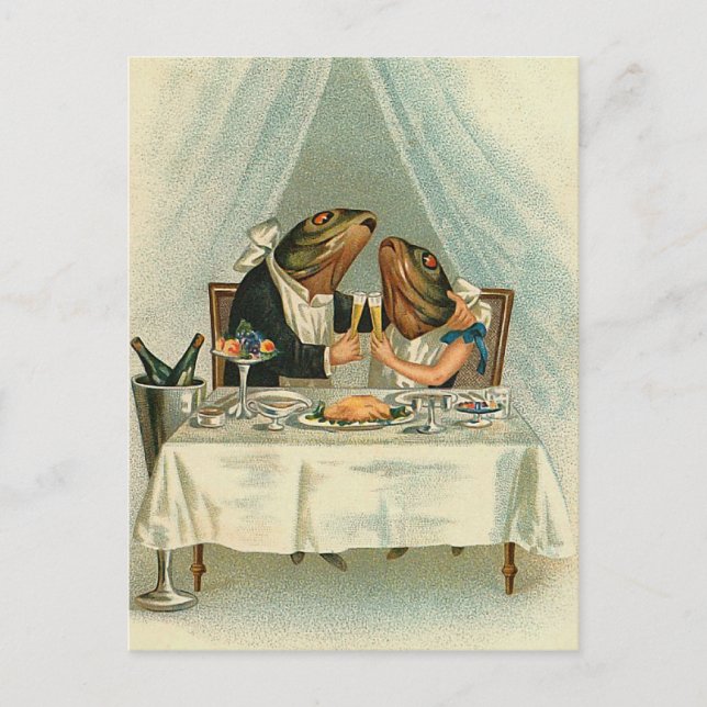 "Romantisches Abendessen für Frösche" Vintage Post Postkarte (Vorderseite)
