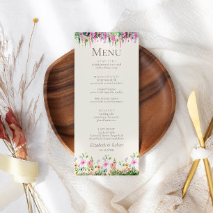 Romantisches Akazien- und Wildblumen-Hochzeitsmenü Menükarte