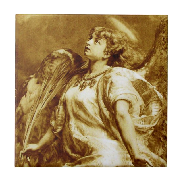 ROMANTISCHES ANGEL MIT FEATHER IN BROWN SEPIA, WEI FLIESE (Vorderseite)
