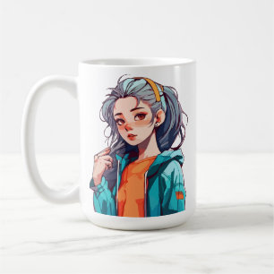 Romantisches Anime-Mädchen mit farbenfrohem, helle Kaffeetasse