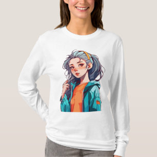 Romantisches Anime-Mädchen mit farbenfrohem, helle T-Shirt