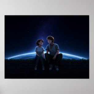 Romantisches Anime-Paar sitzt unter dem sternenkla Poster