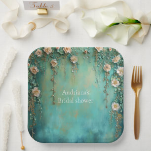 Romantisches Aquamarin Blush Pink Blume Brautparty Pappteller
