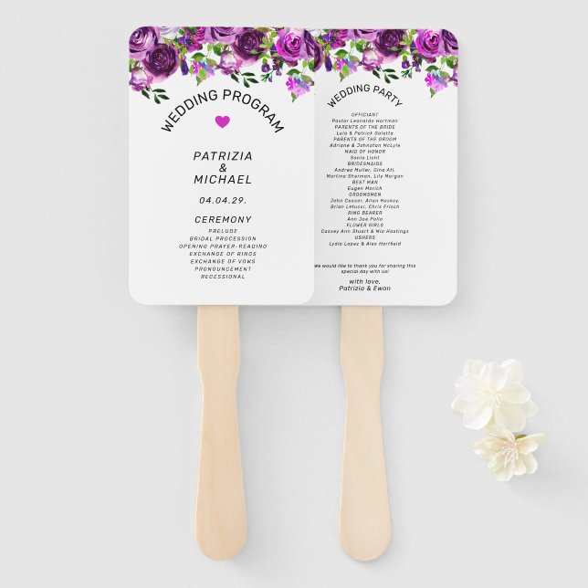Romantisches Aquarell-Rosa-Blumen-Hochzeitsprogram Fächer (Vorne und Hinten)