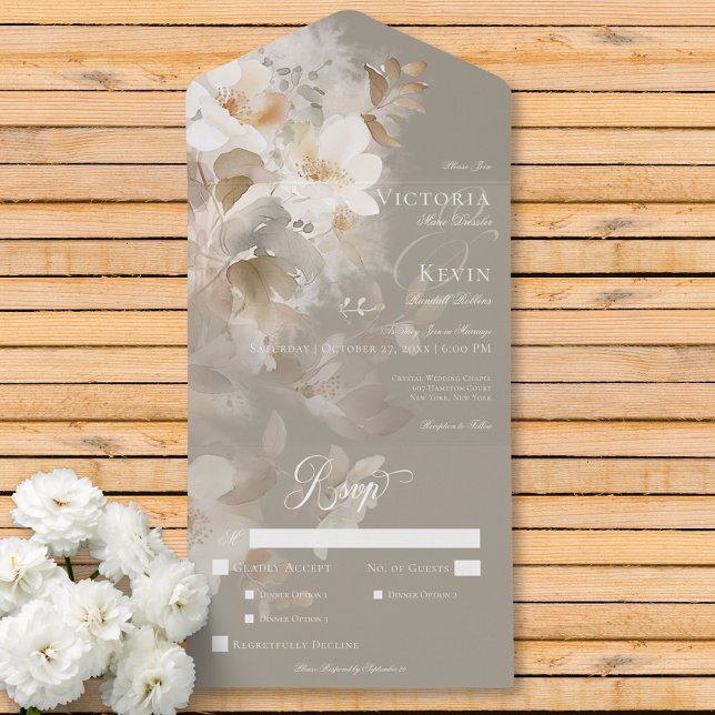 Romantisches ätherisches, neutrales Beige-Abendess All In One Einladung (Romantic Ethereal Neutral Beige Floral Dinner All In One Invitation)