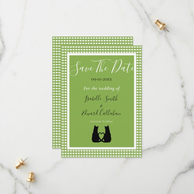 Romantisches Black Cat Couple Green Gingham Patter Save The Date (Vorderseite/Rückseite Beispiel)