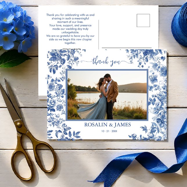 Romantisches Blau Toile QR-Code Foto Danke Postkarte (Romantic Blue Toile QR code Photo Thank You Postcard
)