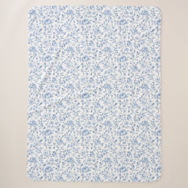 Romantisches Blau-Weiß-Blumenmuster  Sherpadecke (Vorderseite)