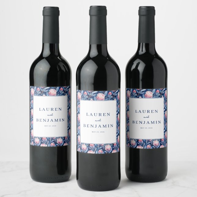 Romantisches Blaues Blumenmuster Weinetikett (Flaschen)