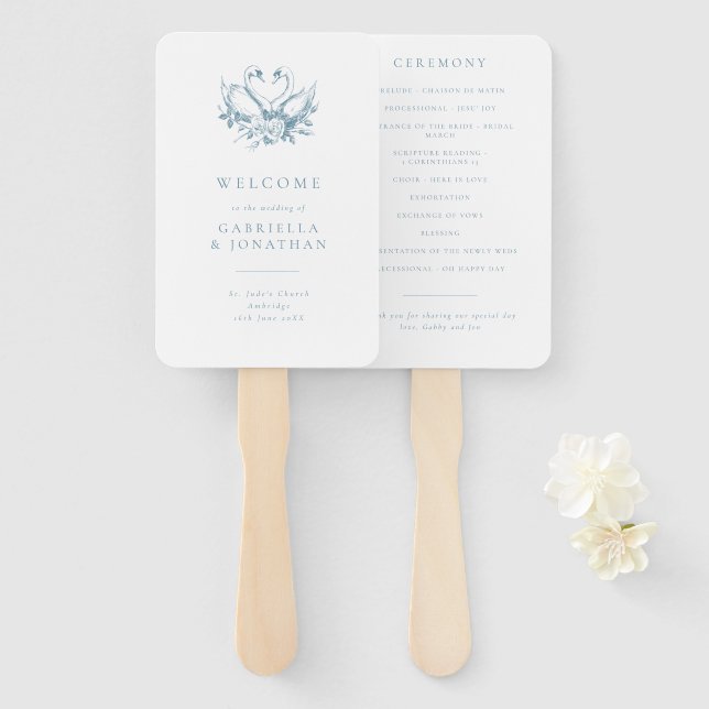 Romantisches blaues Vintage-Schwan-Hochzeitsprogra Fächer (Vorne und Hinten)