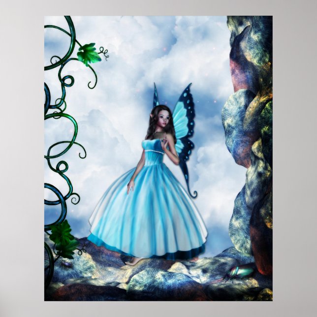 Romantisches Blue Butterfly Fairy Poster (Vorne)