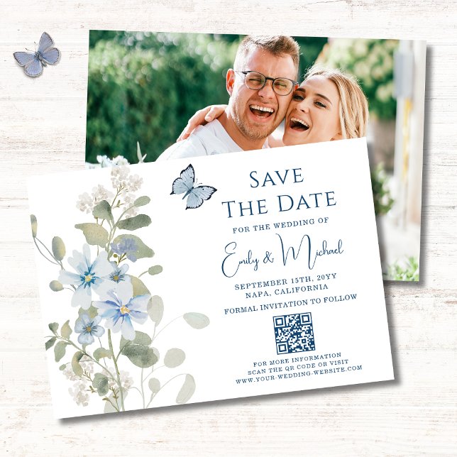 Romantisches Blue Floral Foto QR Code Hochzeit Save The Date (Von Creator hochgeladen)