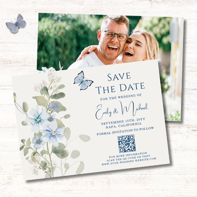 Romantisches Blue Floral Foto QR Code Hochzeit Save The Date (Von Creator hochgeladen)