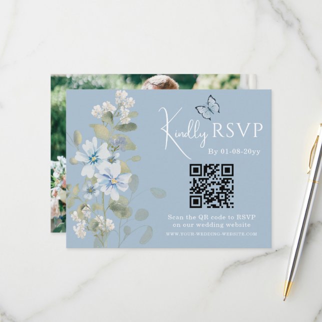 Romantisches Blue Floral UAWG QR Code Foto Hochzei RSVP Karte (Vorderseite/Rückseite Beispiel)