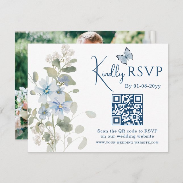 Romantisches Blue Floral UAWG QR Code Foto Hochzei RSVP Karte (Vorne/Hinten)