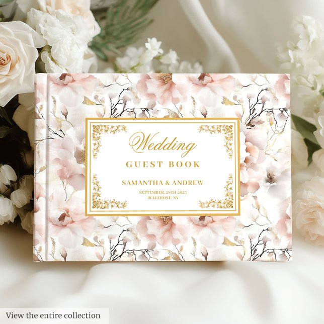 Romantisches Blumengemälde in rosa Gold Gästebuch (Romantic floral dusty pink gold wedding guest book)