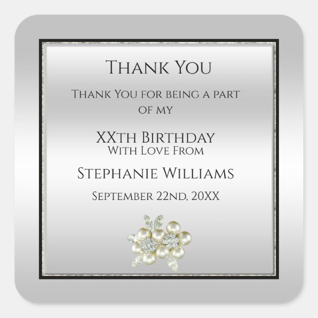 Romantisches Blumenspiel, Silver & Black Birthday  Quadratischer Aufkleber (Vorderseite)