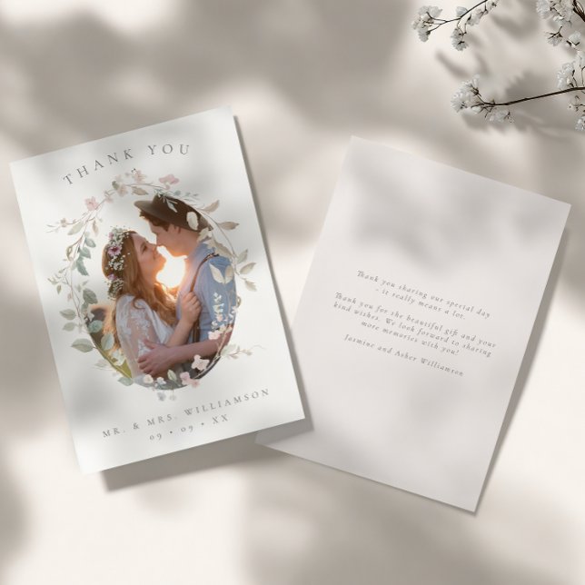 Romantisches Blush Blumenkraut Foto Hochzeit Dankeskarte (Von Creator hochgeladen)