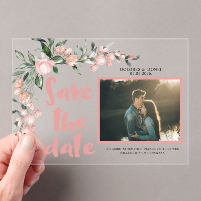 Romantisches Blush PInk Floral Foto Save the Date Acryleinladungen (Von Creator hochgeladen)