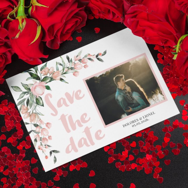 Romantisches Blush PInk Floral Foto Save the Date Einladung (Von Creator hochgeladen)