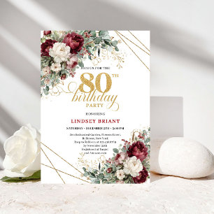 Romantisches Bohemian Burgund 80. Geburtstag Einladung