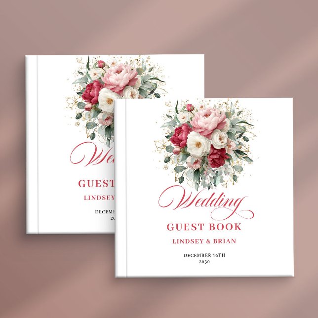 Romantisches Boho-Blumen-Hochzeitsgästebuch in Rot Gästebuch (Romantic Boho Floral Red Blush Wedding Guest Book)
