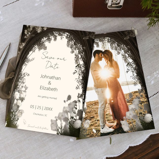 Romantisches Boho Botanisches Foto Save the Date (Romantic Boho Botanical Arch Photo Save the Date)