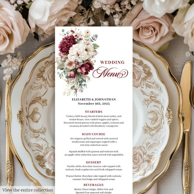Romantisches Boho Burgundy White Rose Wedding Menu Menükarte (Romantic Boho Burgundy White Rose Wedding Menu)