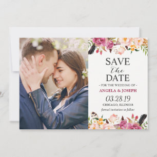 Romantisches Boho Floral Feather Foto Save the Dat Date