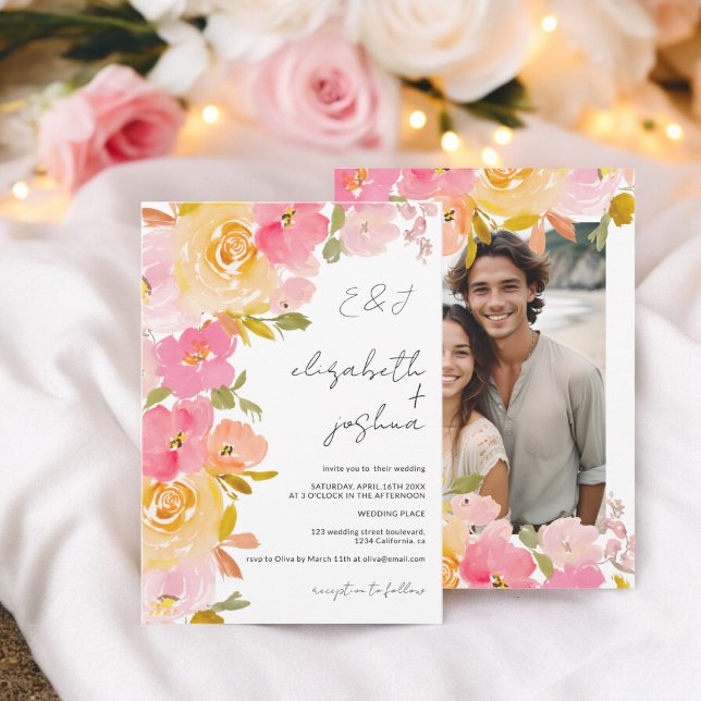 Romantisches bohrosa Foto Hochzeit Einladung (Romantic boho pink yellow floral photo wedding invitation)