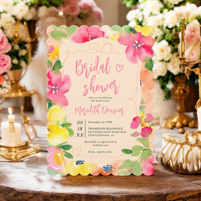 Romantisches bohrosafarbenes Brautparty Einladung (Romantic boho bold pink floral bow bridal shower invitation)