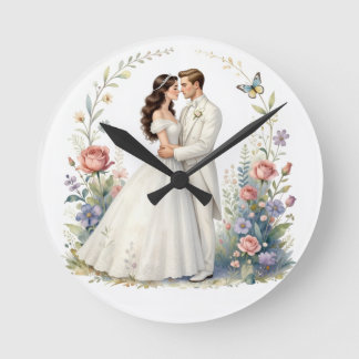 Romantisches Brautpaar Blumiges Elegantes Hochzeit Runde Wanduhr