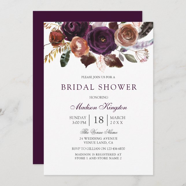 Romantisches Burgund Lila Plum Floral Brautparty Einladung (Vorne/Hinten)