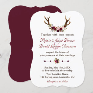 Romantisches Burgund Marsala Floral Antlers Weddin Einladung