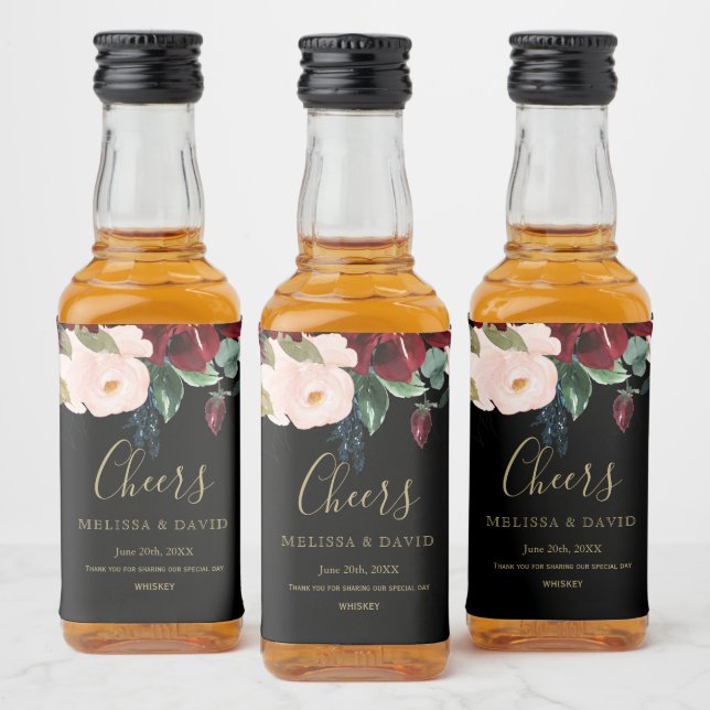 Romantisches Burgund, Rosa, Blau und Schwarz Alkoholflaschenetikett (Flaschen)