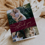 Romantisches Burgund und Gold 3 Foto Collage Weddi Dankeskarte<br><div class="desc">Diese delikate Goldkalligraphie burgundy 3 Foto Collage danke Ihnen Karte ist perfekt für eine einfache Hochzeit. Das moderne klassische Design besticht durch extravagante Wirbel und skurrile Schnörkel mit herrlich eleganten, handgeschriebenen Imitaten. Die Champagner-Goldtypografie auf bordeauxrotem Hintergrund. Personalisieren Sie die Innenseite der Karte mit Ihren Namen, und eine Dankeschön-Nachricht. Alternativ können...</div>