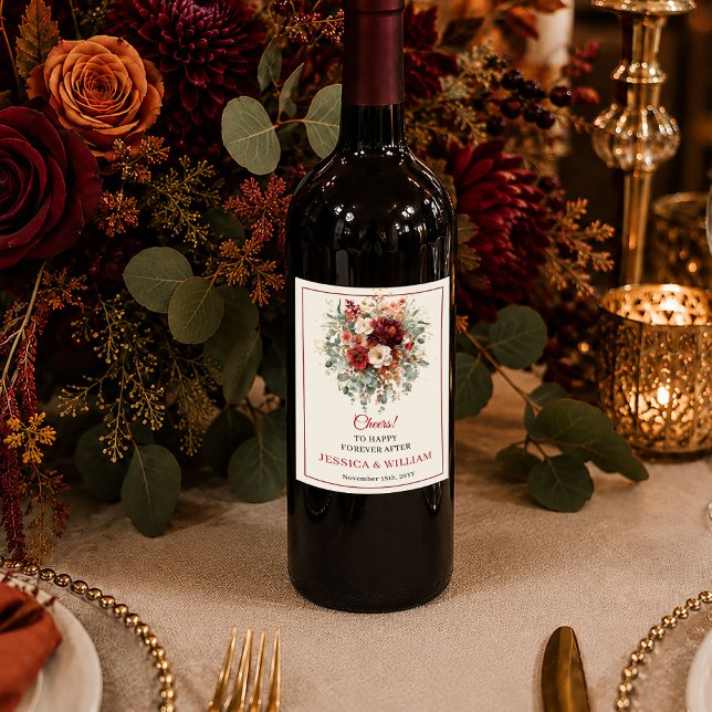 Romantisches Burgunder-Gold-Eukalyptus-Herbst-boho Weinetikett (Romantic Burgundy Gold Eucalyptus Fall boho floral wine label

)